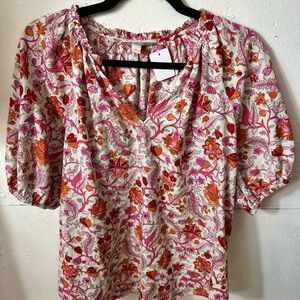 Floral V-Neck Blouse - Pink and Orange